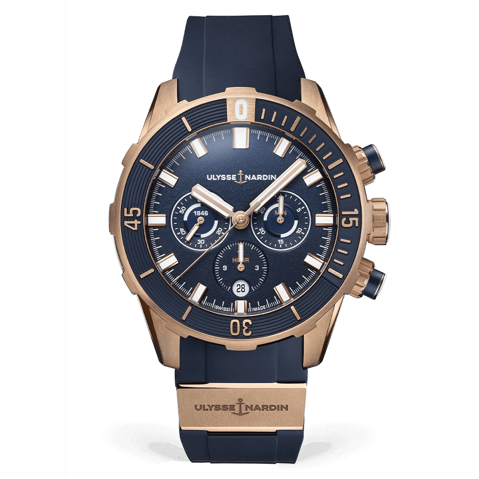 Ulysse Nardin Diver Chronograph 44 mm Dark Blue Dial 18k Rose Gold Rubber Strap 1502-170-3/93 - WATCHXNYC