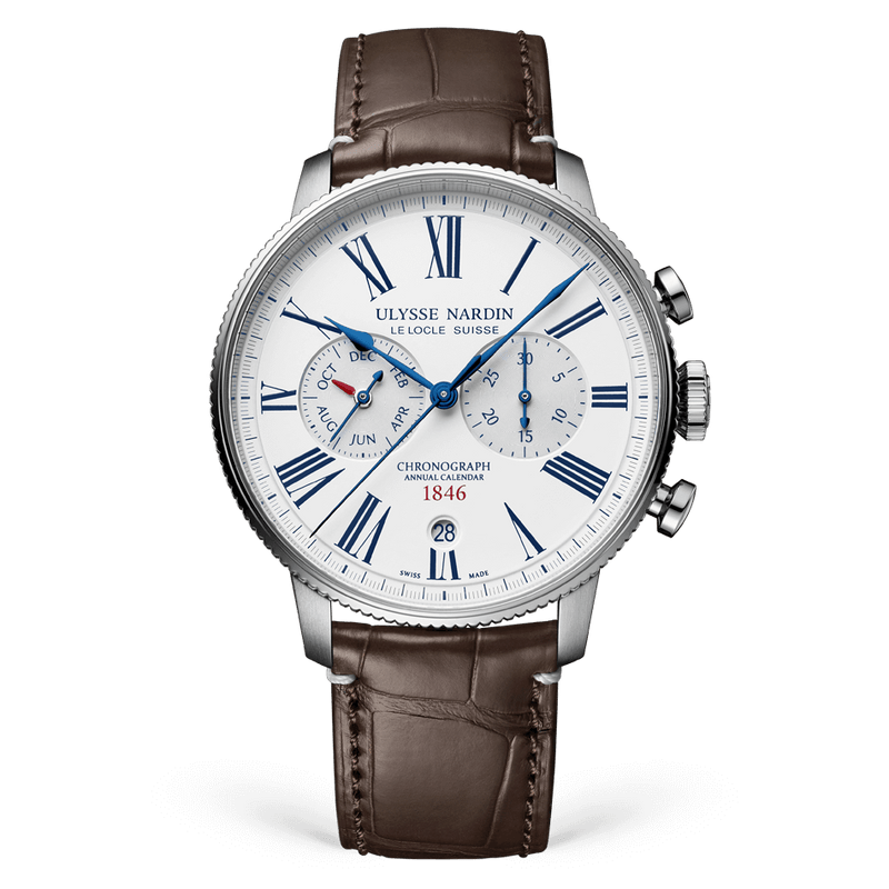 Cronógrafo anual Torpilleur de Ulysse Nardin, 44 mm, esfera plateada, correa de piel de acero inoxidable 1533-320LE-0A-175/1A