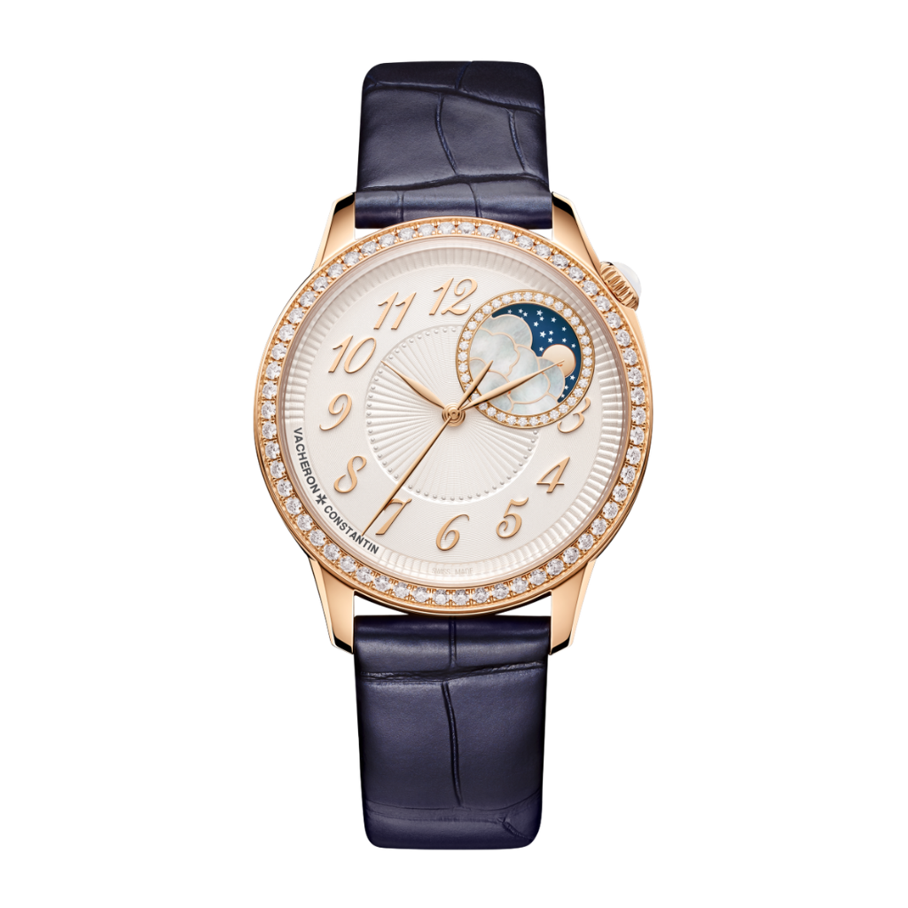 Vacheron Constantin Égérie moon phase 37 mm Silver Dial with Diamonds 18K Pink Gold   Leather Strap 8005F/000R-B498 - WATCHXNYC