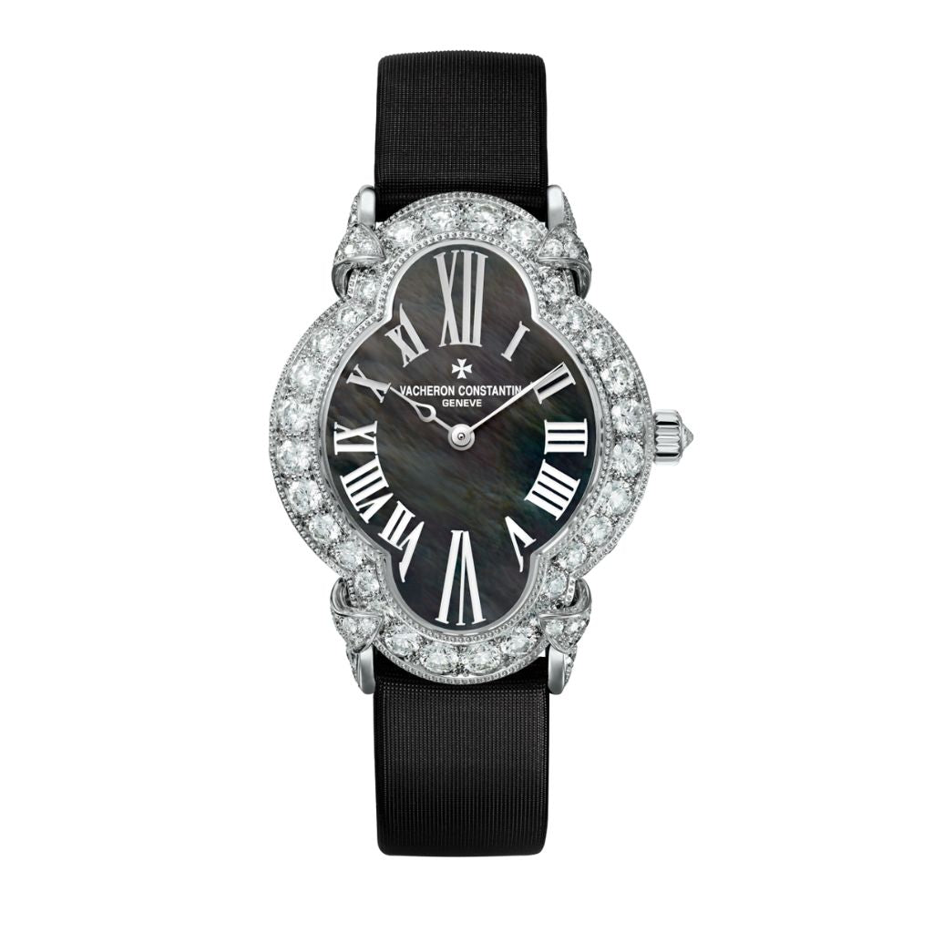 Vacheron Constantin Heures Créatives Heure Romantique 36.2 x 26.5 mm Black Mother-Of-Pearl with Diamonds Dial White Gold Satin Strap 37640/000G-B659 - WATCHXNYC