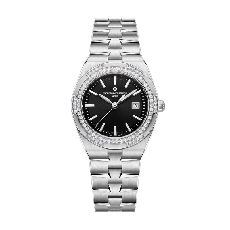 Vacheron Constantin Overseas - Reloj de cuarzo de 33 mm con esfera negra y brazalete de acero inoxidable con diamantes 1205V/100A-B591 