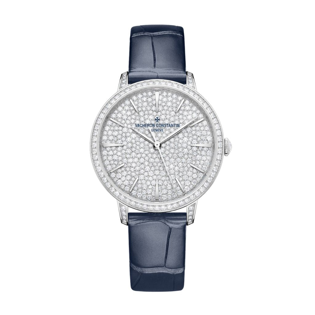 Vacheron Constantin Patrimony self-winding jewellery 37 mm Diamond Paved Dial White Gold   Leather Strap 4116U/000G-B909 - WATCHXNYC