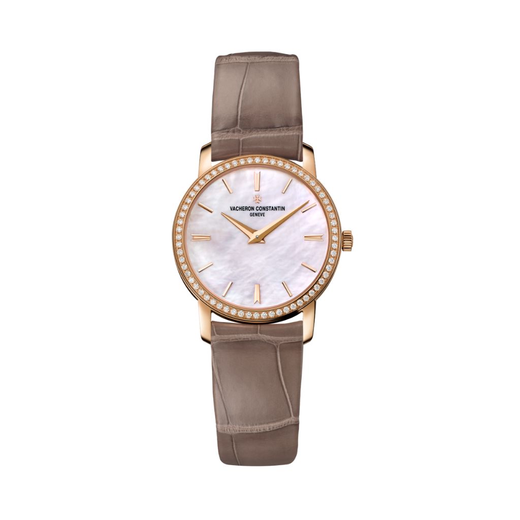 Vacheron Constantin Traditionnelle quartz 30 mm White Mother-Of-Pearl Dial with Diamonds 18K Pink Gold   Leather Strap 25558/000R-B156 - WATCHXNYC