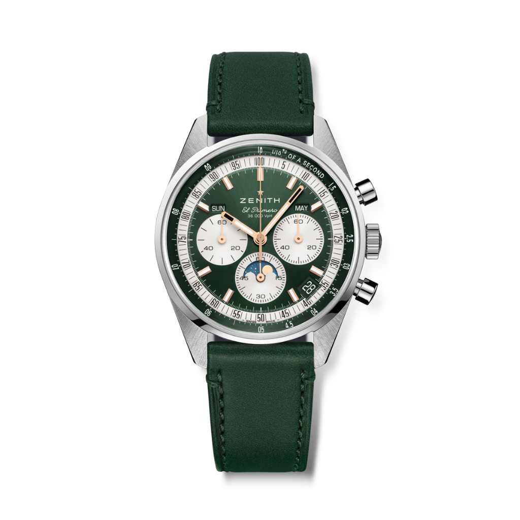 Zenith CHRONOMASTER ORIGINAL 38 mm Green Dial Stainless Steel   Leather Strap 03.3400.3610/40.C912 - WATCHXNYC