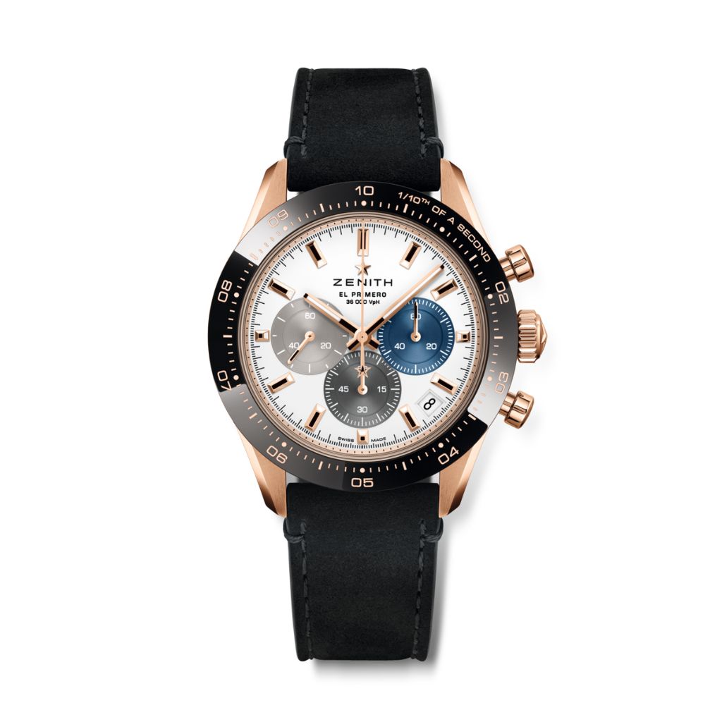 Zenith CHRONOMASTER SPORT 41 mm White Dial 18k Rose Gold with Black Ceramic   Leather Strap 18.3100.3600/69.C920 - WATCHXNYC