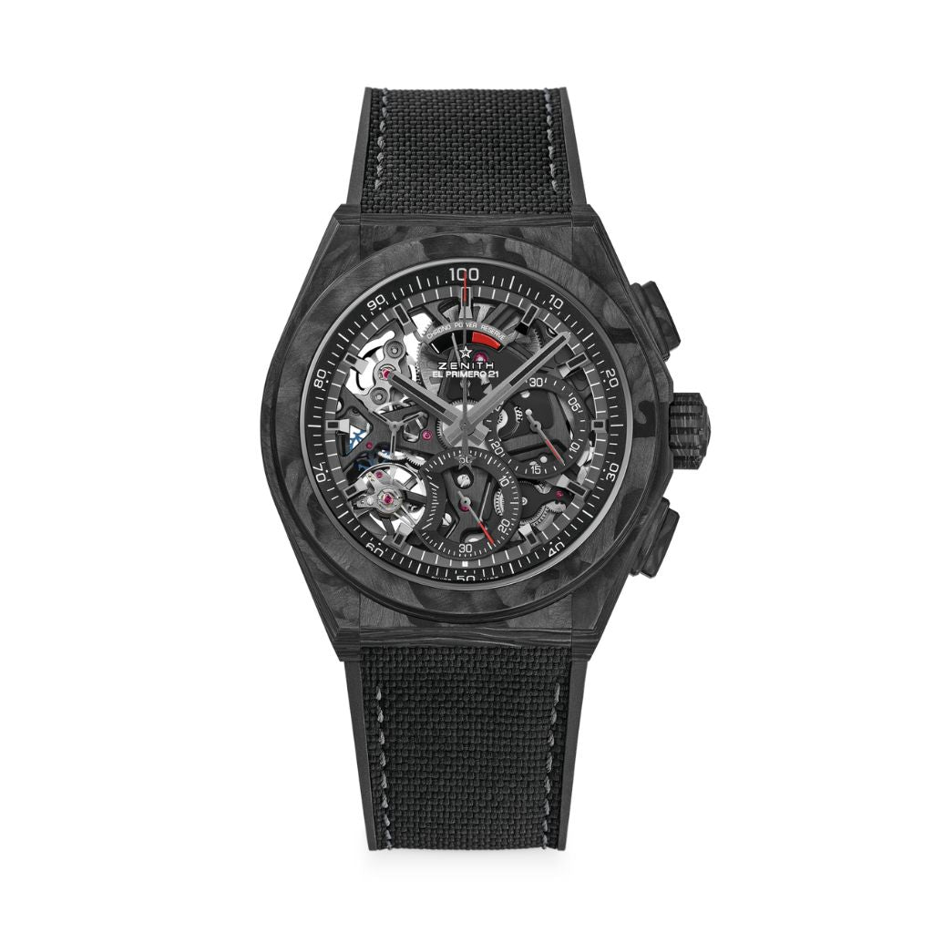 Zenith DEFY 21 44 mm Black Dial Black Carbon Rubber Strap 10.9000.9004/96.R921 - WATCHXNYC