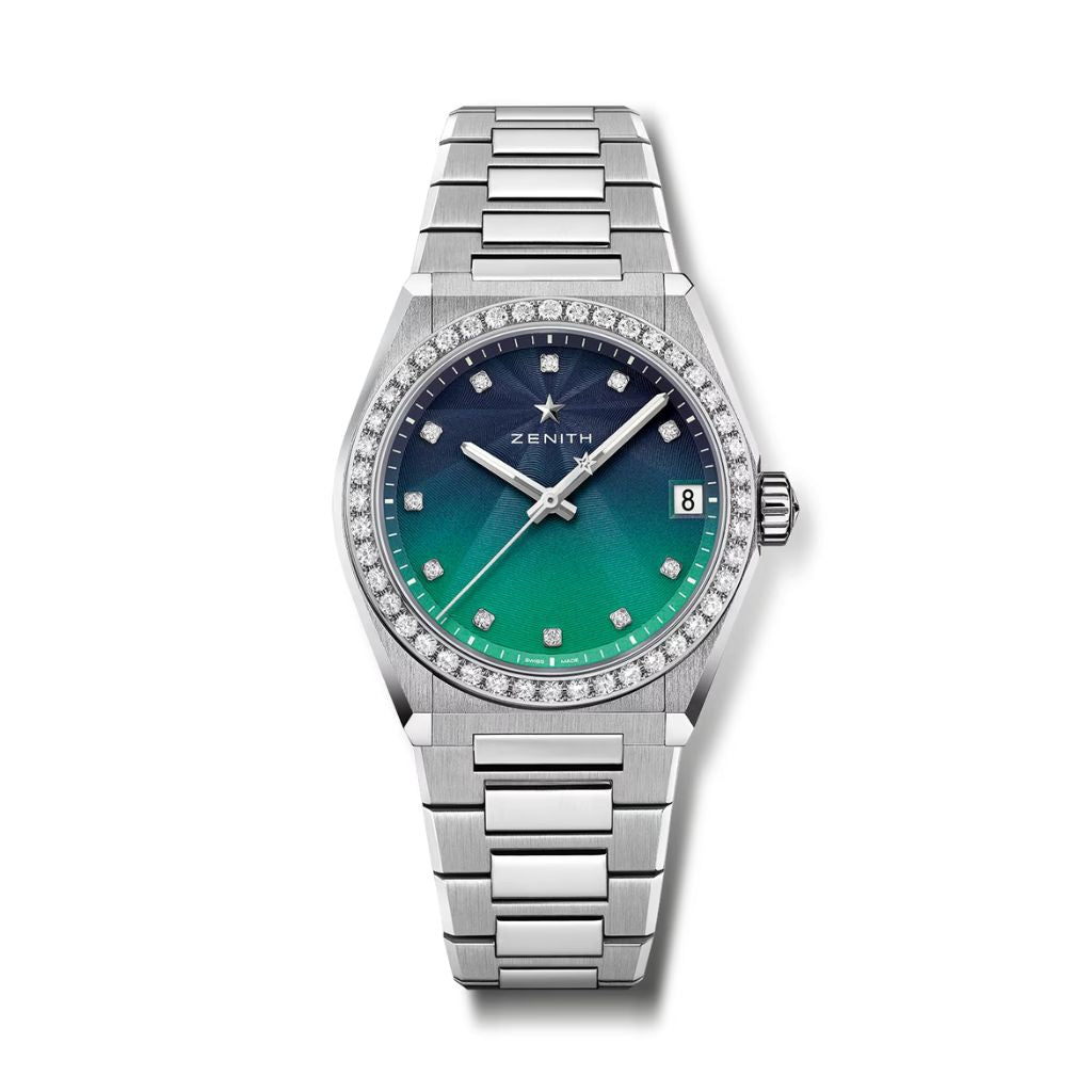 Zenith DEFY MIDNIGHT BOREALIS 36 mm Blue To Green Dial with Diamonds Stainless Steel Bracelet 16.9200.670/34.MI001 - WATCHXNYC