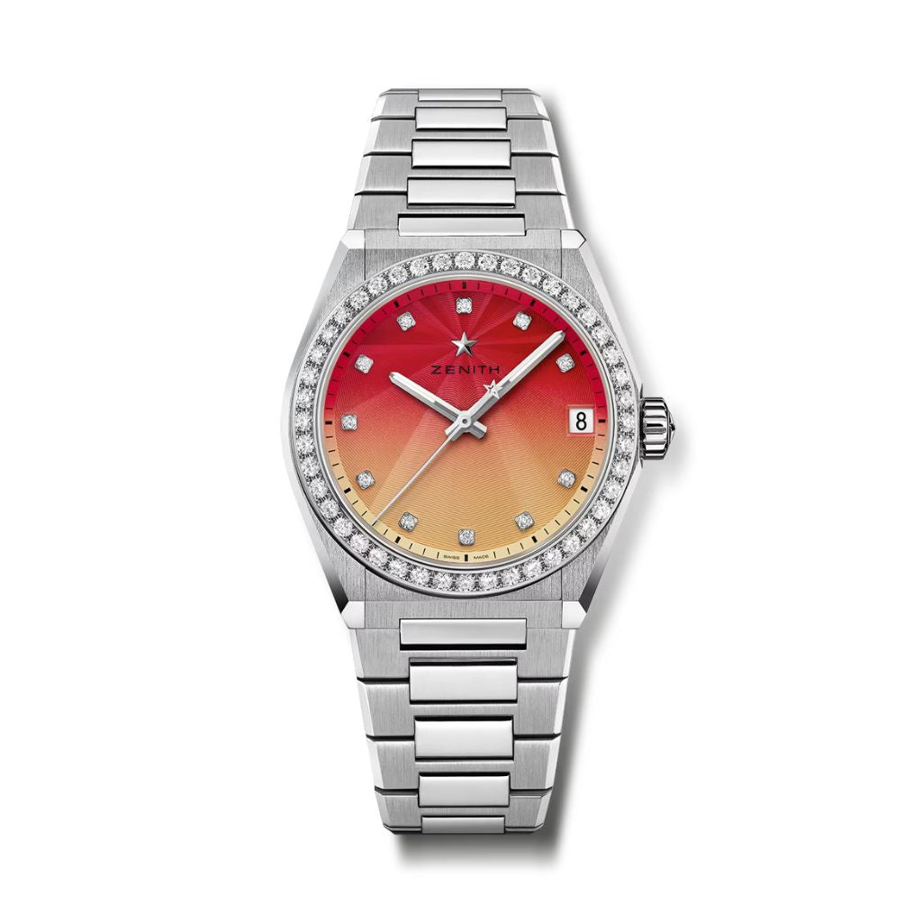 Zenith DEFY MIDNIGHT SUNSET 36 mm Red To Yellow Dial with Diamonds Stainless Steel Bracelet 16.9200.670/33.MI001 - WATCHXNYC