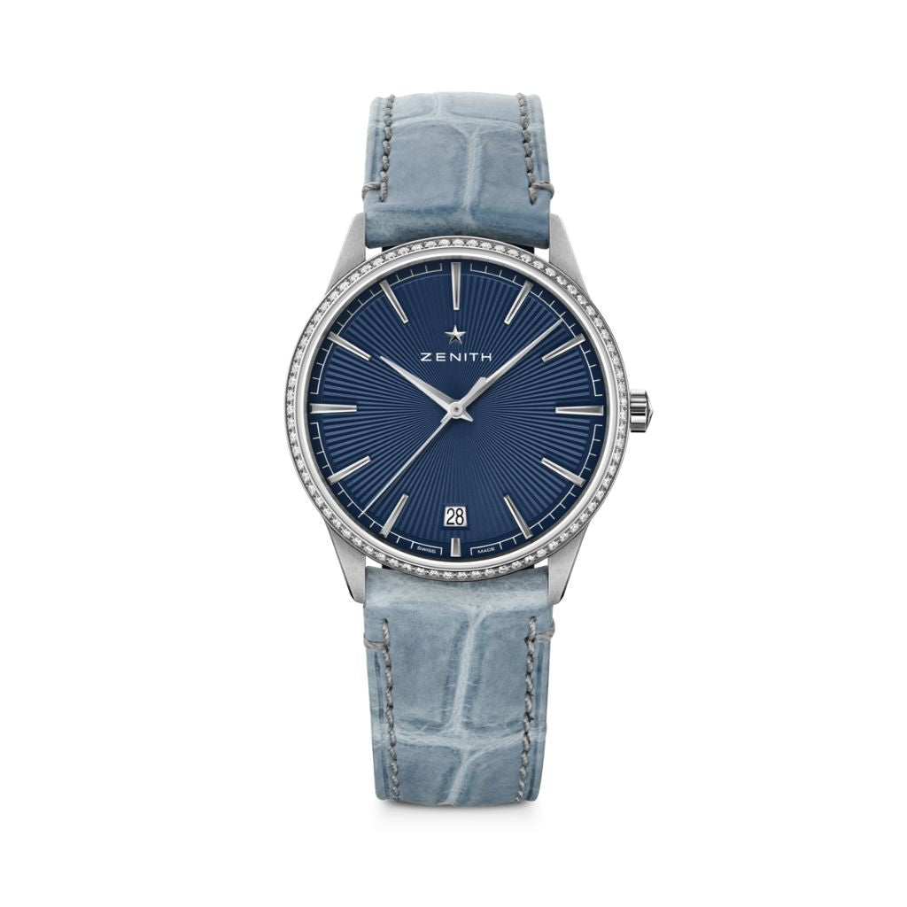 Zenith ELITE CLASSIC 36 mm Blue Dial with Diamonds Stainless Steel   Leather Strap 16.3200.670/02.C832 - WATCHXNYC